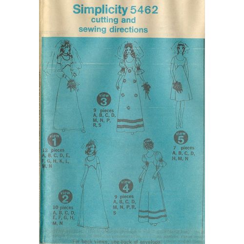 Simplicity 5462 Sewing Pattern Misses Wedding/Bridesmaid Dress Size 14 Cut 1972