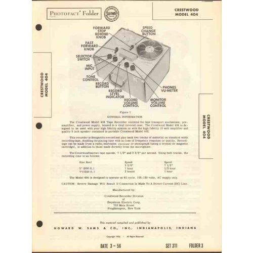 CRESTWOOD model 404 magnetic tape recorder Sams Photofact manual