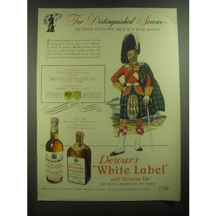 1945 Dewar's White Label and Victoria Vat Scotch Ad - For distinguished service
