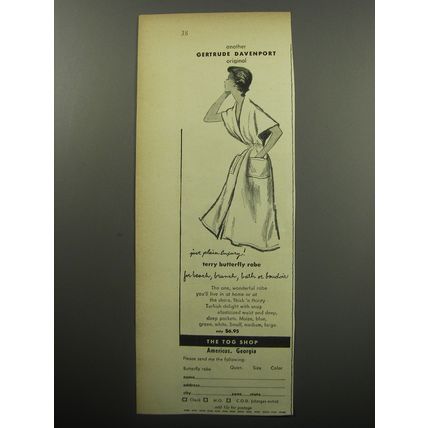 1951 The Tog Shop Gertrude Davenport Terry Butterfly Robe Advertisement