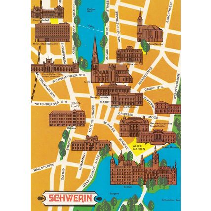 Schwerin German Germany Map Karte Postcard