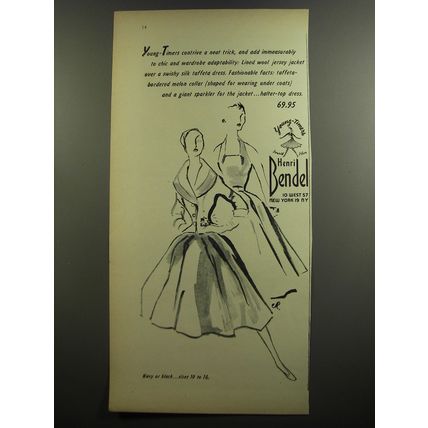 1952 Henri Bendel Young-Timers Jacket and Dress Ad - Young-Timers contrive