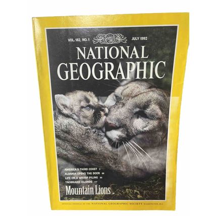 National Geographic Magazine July 1992 Mountain Lions - Vintage Collectable y