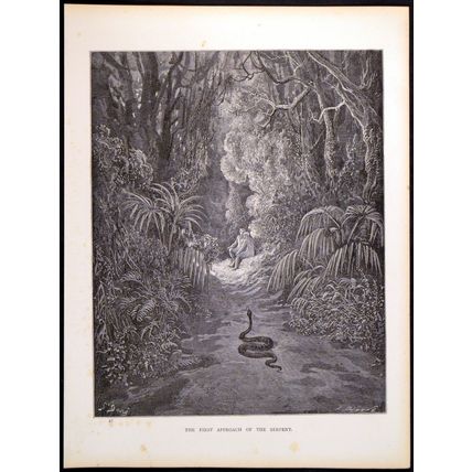 FIRST APPROACH OF THE SERPENT 1885 Gustave Doré - John Milton ANTIQUE ENGRAVING