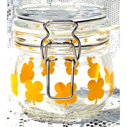 Vintage Ikea Sommar Clear Glass Storage Jar Yellow Clover Leaf Hinged Sealed Lid