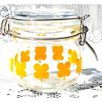 Vintage Ikea Sommar Clear Glass Storage Jar Yellow Clover Leaf Hinged Sealed Lid