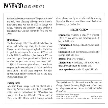Collectors Club card. Classic Cars. Panhard Grand Prix Car