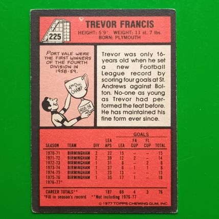 TOPPS FOOTBALL RED BACK 1977 #225 Birmingham City Trevor Francis