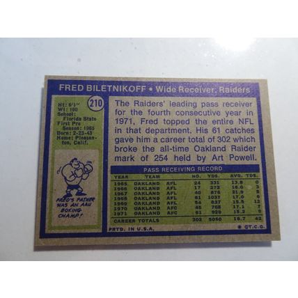 1972 Topps Football Card # 210 Fred Biletnikoff Very Good (3) Oakland Raiders