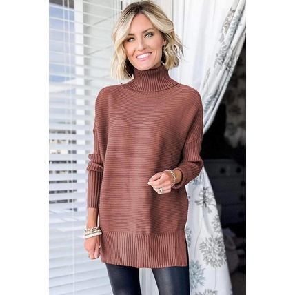 Mineral Red Turtleneck Ribbed Knit Tunic Sweater