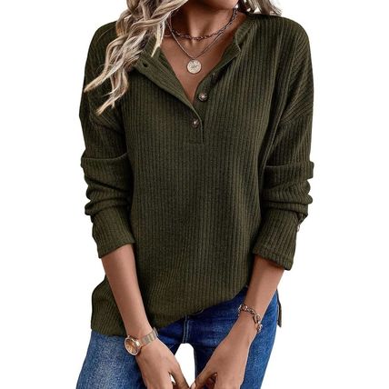 Jungle Green Rib Textured Henley Knit Top