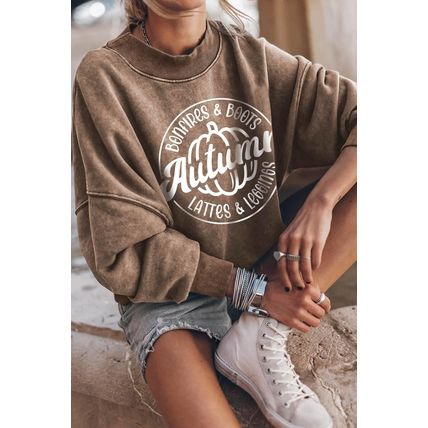 Brown Autumn Pumpkin Print Loose Drop Shoulder Sweatshirt