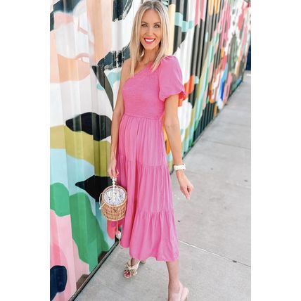 Strawberry Pink Asymmetric Puff Sleeve Smocked Bodice Tiered Midi Dress