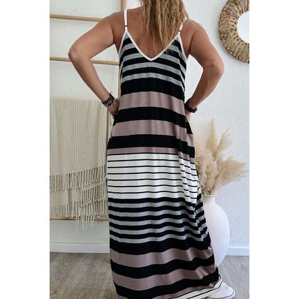 Multicolour Mixed Stripes Spaghetti Straps V Neck Maxi Dress