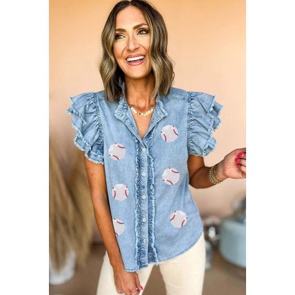 Beau Blue Sequin Baseball Graphic Button Up Ruffled Sleeve Frayed Denim Top
