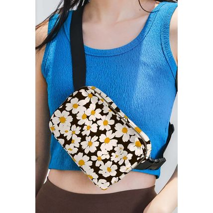 Black Daisy Printed Buckle Strap Crossbody Bag