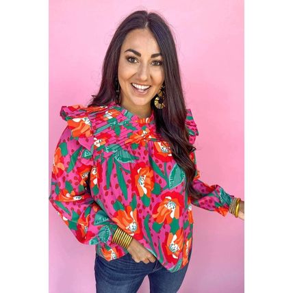 Rose Floral Print Pleated Ruffled O Neck Plus Size Blouse