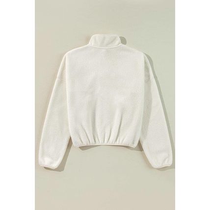 White Fleece Placket Turn-down Collar Drop Shoulder Sweatshirt
