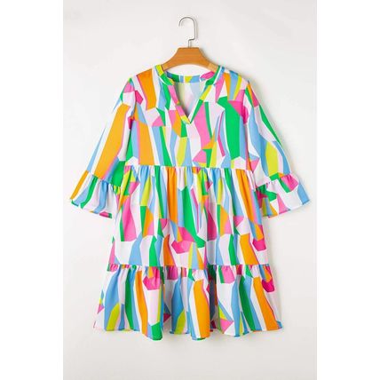 Green Abstract Print Ruffled Sleeve V Neck Dress
