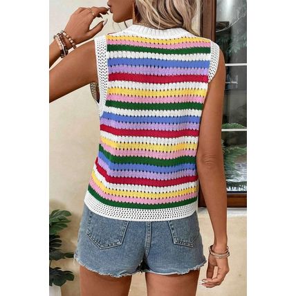 Multicolour Striped Knitted Eyelet Slim Sweater Vest