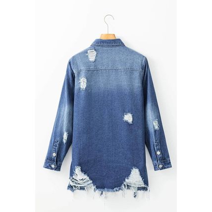 Sky Blue Light Wash Distressed Frayed Long Denim Jacket