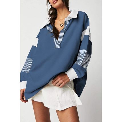 Sail Blue Striped Colorblock Patchwork Collar Sweatshirt