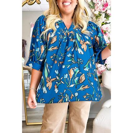 Blue Floral Notched V Neck Half Sleeve Plus Size Blouse