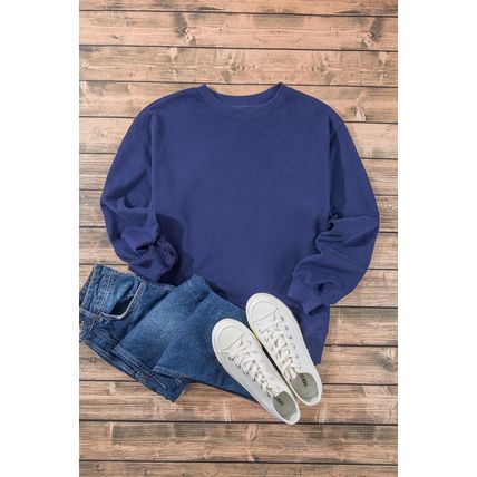Navy Blue Plain Drop Shoulder Crewneck Pullover Sweatshirt