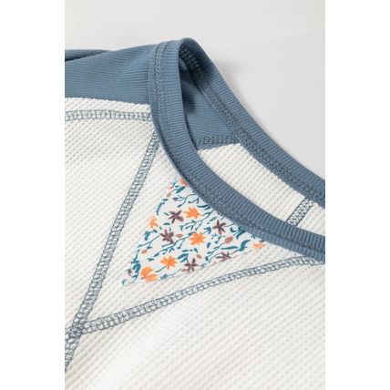 White Floral Patchwork Waffle Knit Raglan Top