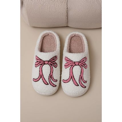 White Bow Knot Pattern Plush Warm Slippers