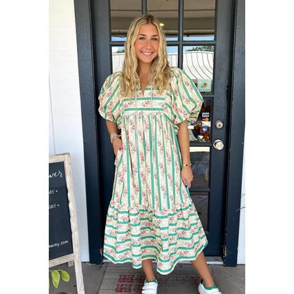 Multicolour Striped Floral Print Tie Split Neck Puff Sleeve Midi Dress