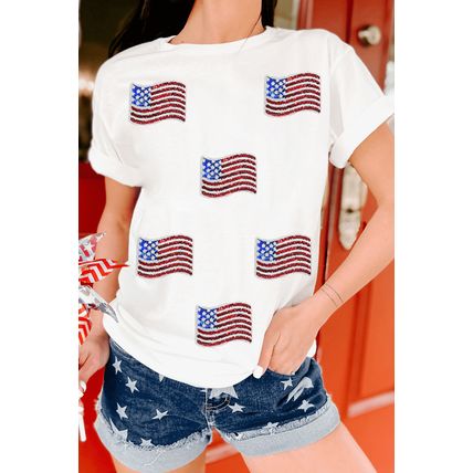 White Sequin American Flag Patched Casual T Shirt