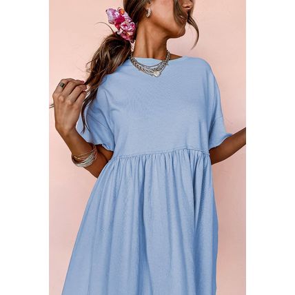 Sky Blue Solid Color Pocketed Raw Edge Babydoll Dress