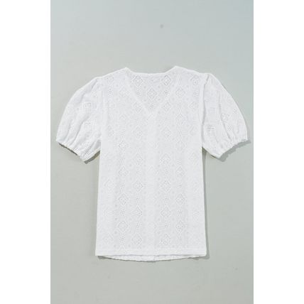 White Lace Puff Sleeve V Neck Button Up Shirt