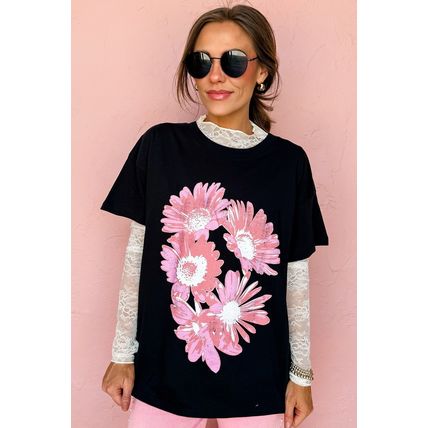 Black Pink Daisy Flower Printed Cotton Blend T Shirt