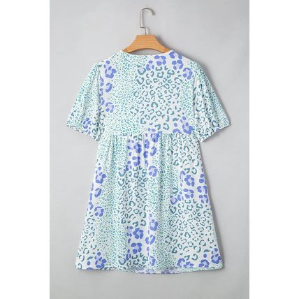 Sky Blue Leopard Contrast Bow Puff Sleeve Mini Dress