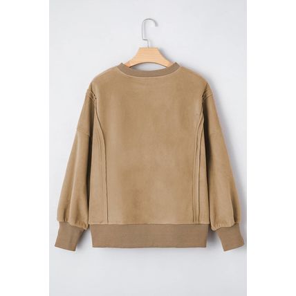 Dark Khaki Fuzzy Sherpa Splicing Pullover Sweatshirt with Side Slit