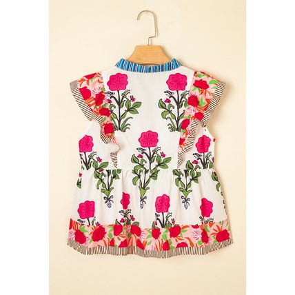Pink Floral Print Tie Neck Striped Detail Flutter Sleeve Blouse