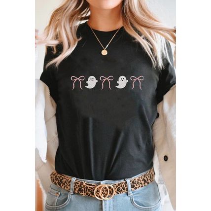 Black Halloween Ghost Bow Embroidered Loose T Shirt