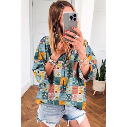 Sky Blue Floral Collared V Neck Roll up Sleeve Shift Blouse