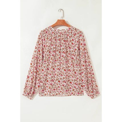 Red Floral Print Pleated Detail Notched Neck Puff Sleeve Blouse
