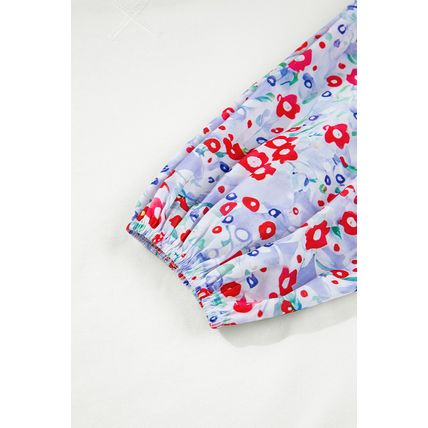 White Floral Ruffled Balloon Sleeve Patchwork Loose Blouse