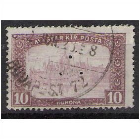 Mi 207: 10 Kr. lilac-brown/pale lilac Defin.: Parliament, three hole perf.