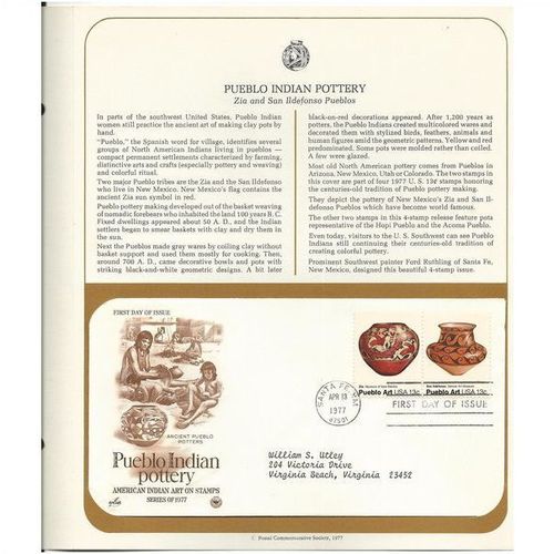 PUEBLO INDIAN POTTERY : Zia /San Ildefonso 'OFFICIAL FIRST DAY of ISSUE ' (1977)