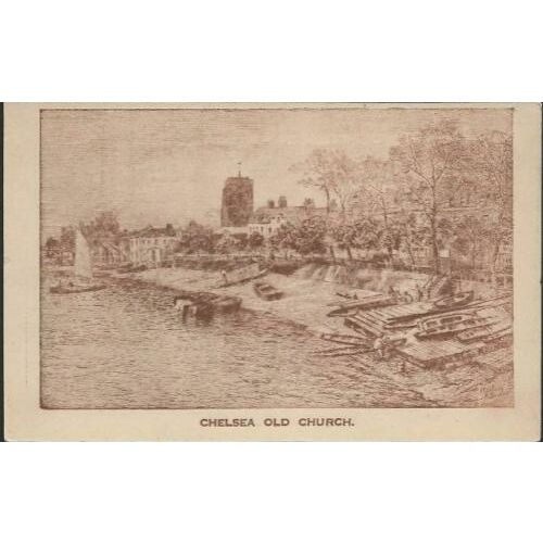 London - Chelsea old Church (All Saints), river - art postcard, c.1950s