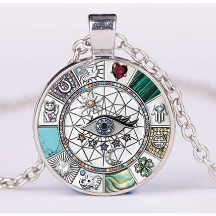 Bohemian Eye Bear Palm Lucky Clover Grass Pattern Glass Round Pendant Necklace