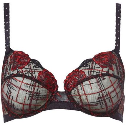 MAISON LEJABY PARIS Check And Roses Underwire Bra Black/Red BNWT