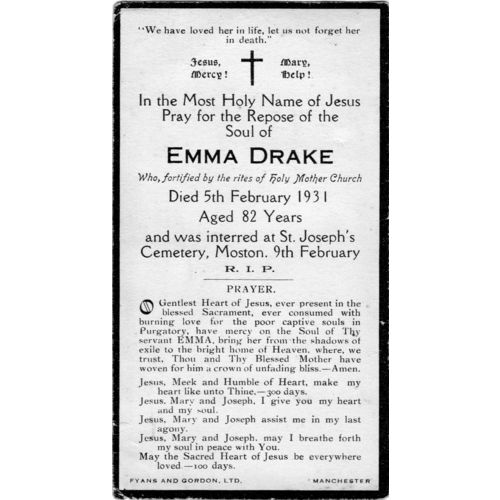 February 1931 Funerary Funeral In Memoriam Card Emma Drake St Joseph's Moston