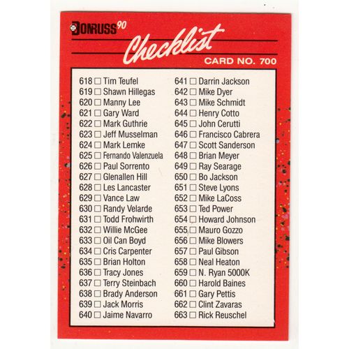 1990 Donruss Baseball Checklist unmarked card #700