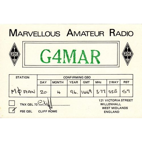 QSL Card G4MAR Marvellous Amateur Radio Rowe Willenhall 1996